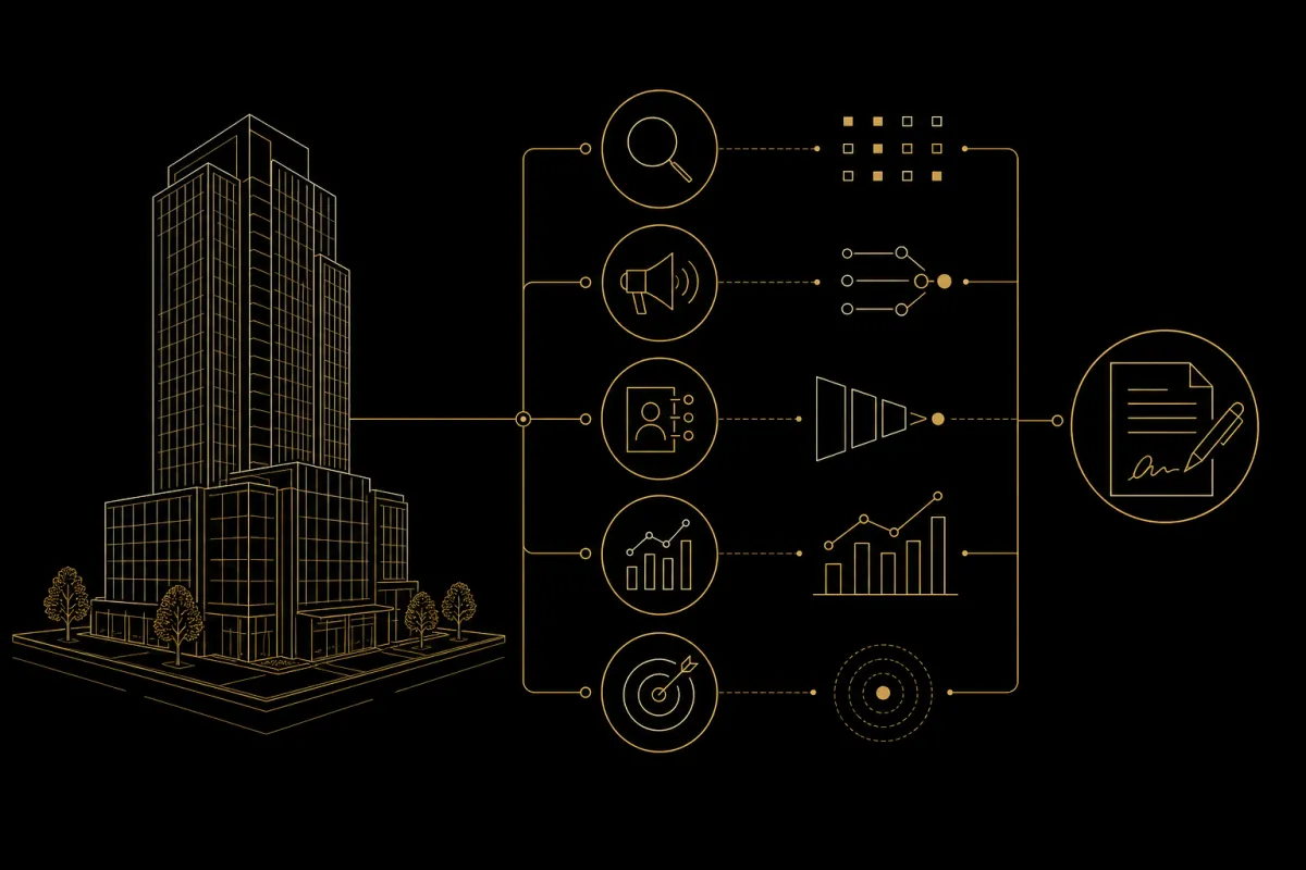 Schematic illustration connecting a development to search, campaigns, CRM, measurement and a contract.
