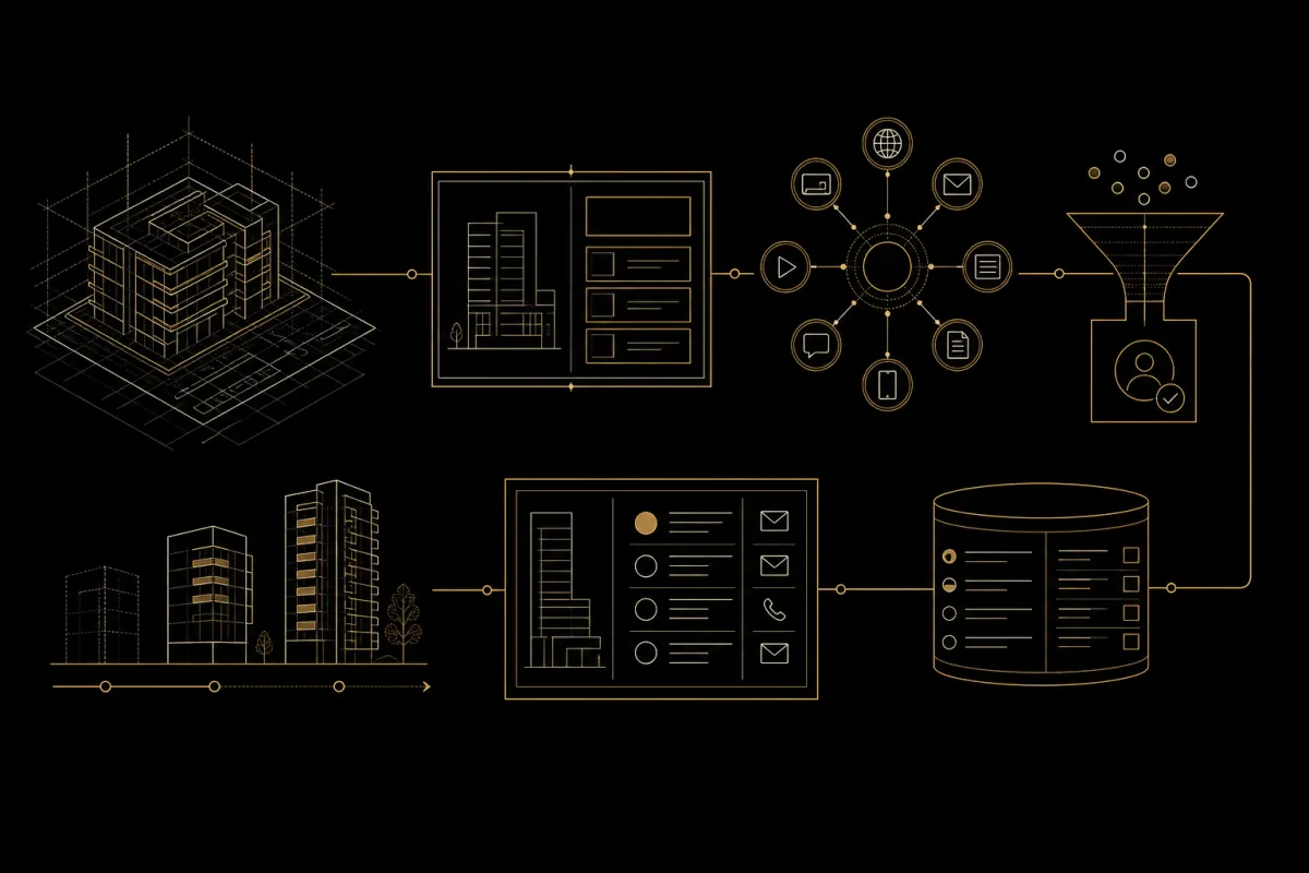 Schematic project-launch system connecting planning, campaign channels, lead qualification and CRM follow-through.