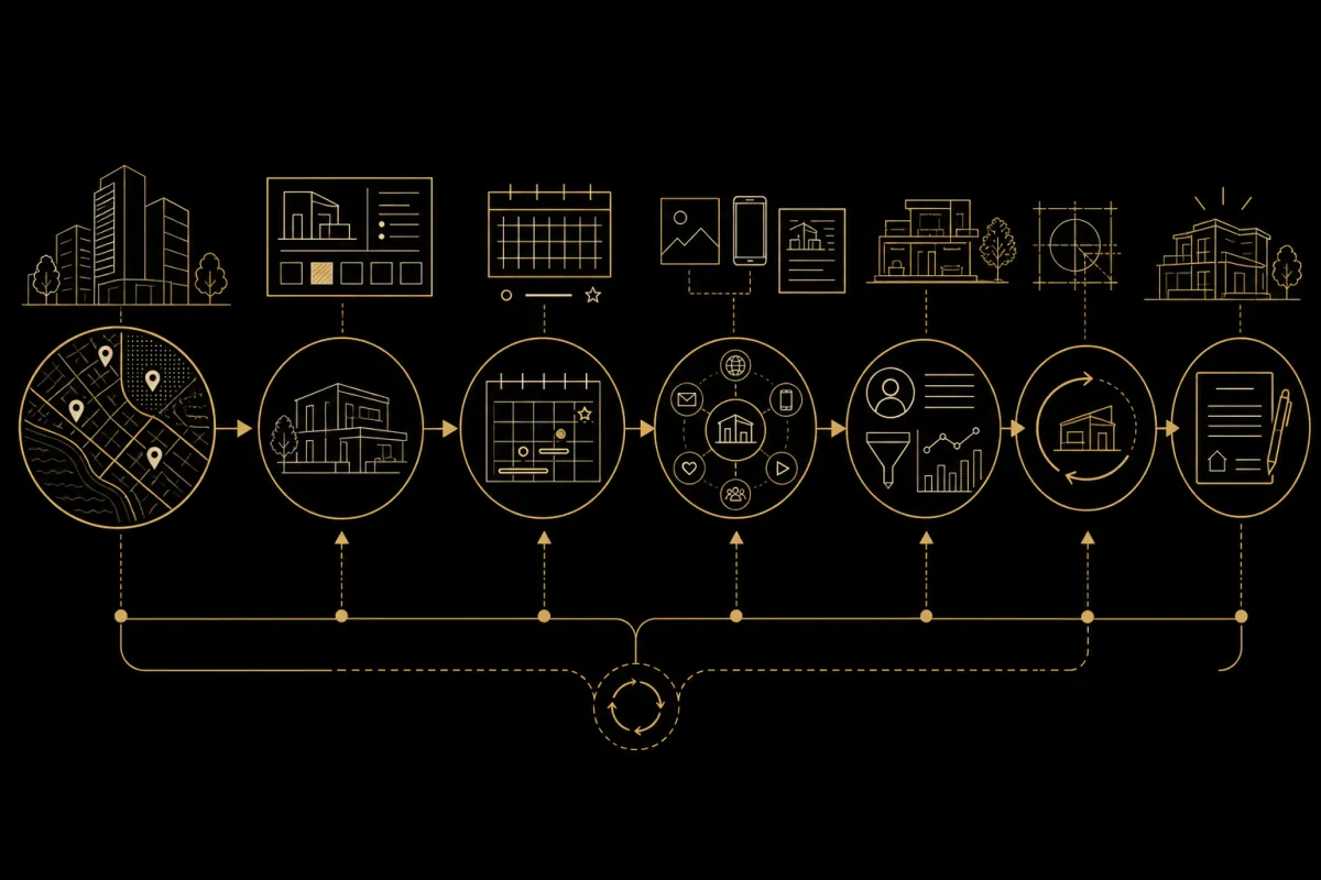 Schematic project-marketing playbook showing research, planning, channels, CRM, optimization and a contract.