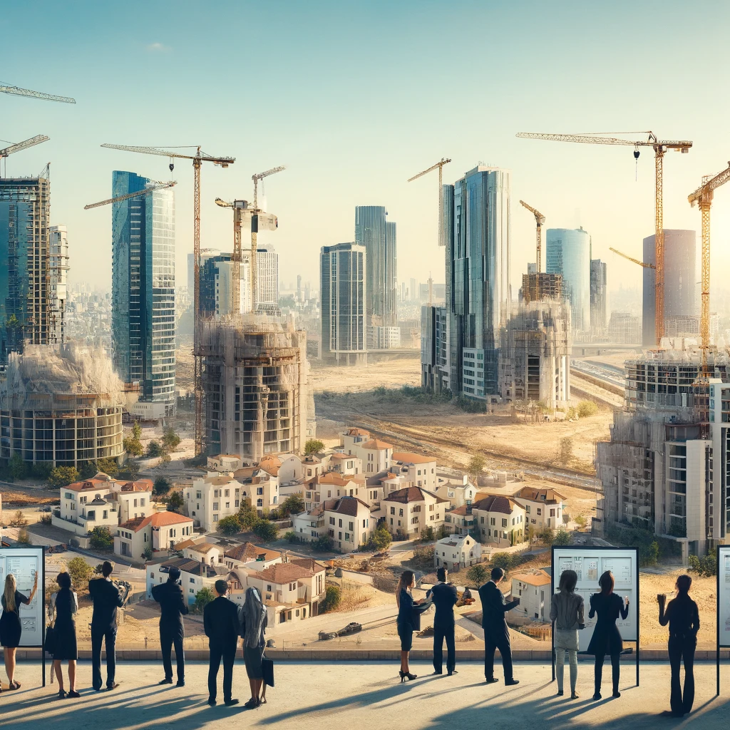 A bustling real estate scene in Israel with modern high-rise buildings, construction sites, cranes, and a diverse group of people looking at property listings. The cityscape includes iconic landmarks and residential areas under development, symbolizing hope and resilience amidst challenges.