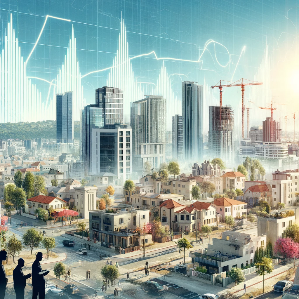 Image depicting the recovery of the real estate market in Israel post-7.10, with a vibrant cityscape, bustling streets, people looking at property listings, and construction cranes in the background. Signs point to Kiryat Motzkin, Kiryat Yam, and Kiryat Ata. A graph overlay shows a rising trend, indicating market recovery under clear skies and sunlight.