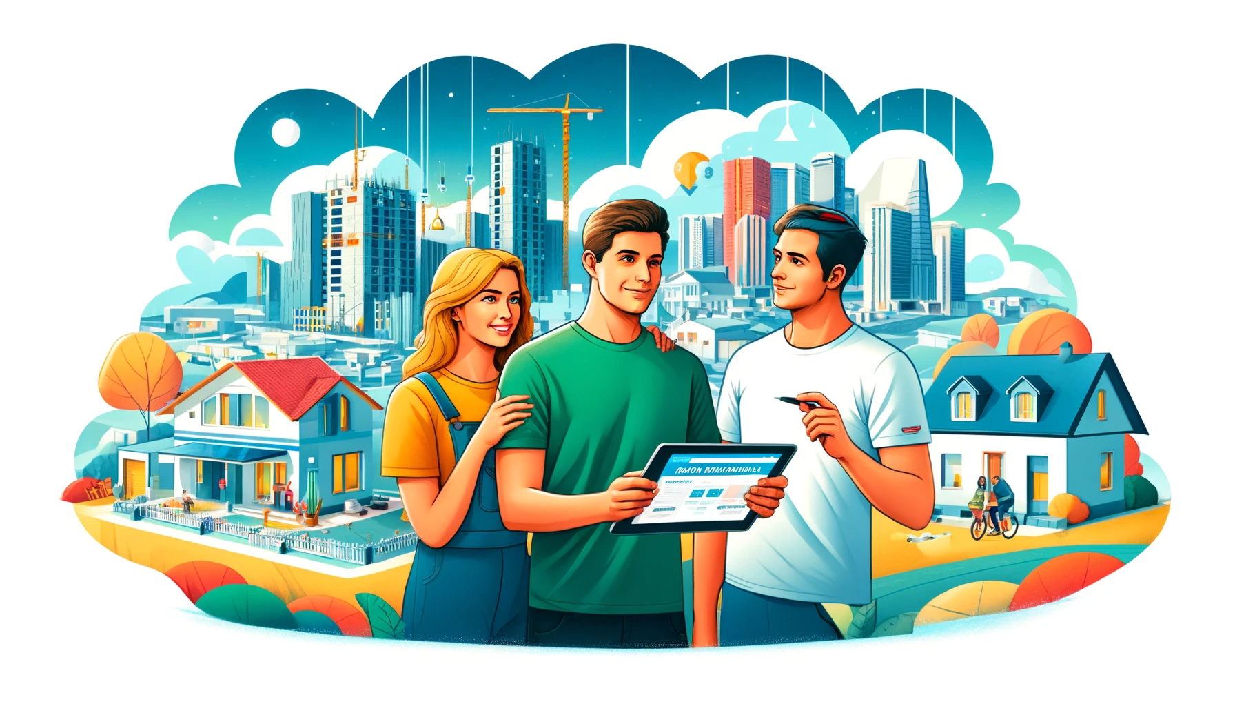 Illustration of a young couple and an individual dreaming of owning a home in Israel, with a vibrant cityscape background and a tablet displaying the 'Dira Be'Hanacha' website.