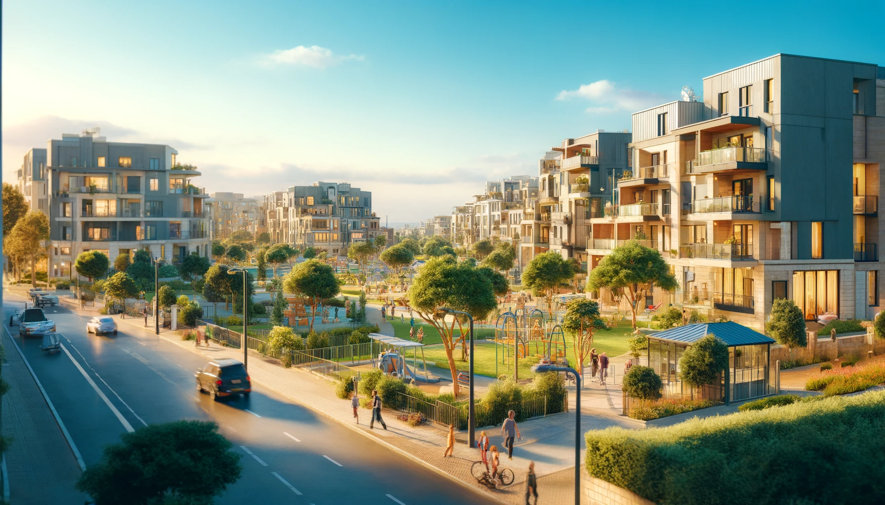 A picturesque neighborhood in Israel with modern apartments, tree-lined streets, parks, playgrounds, and a vibrant community with people walking and children playing under a clear blue sky.