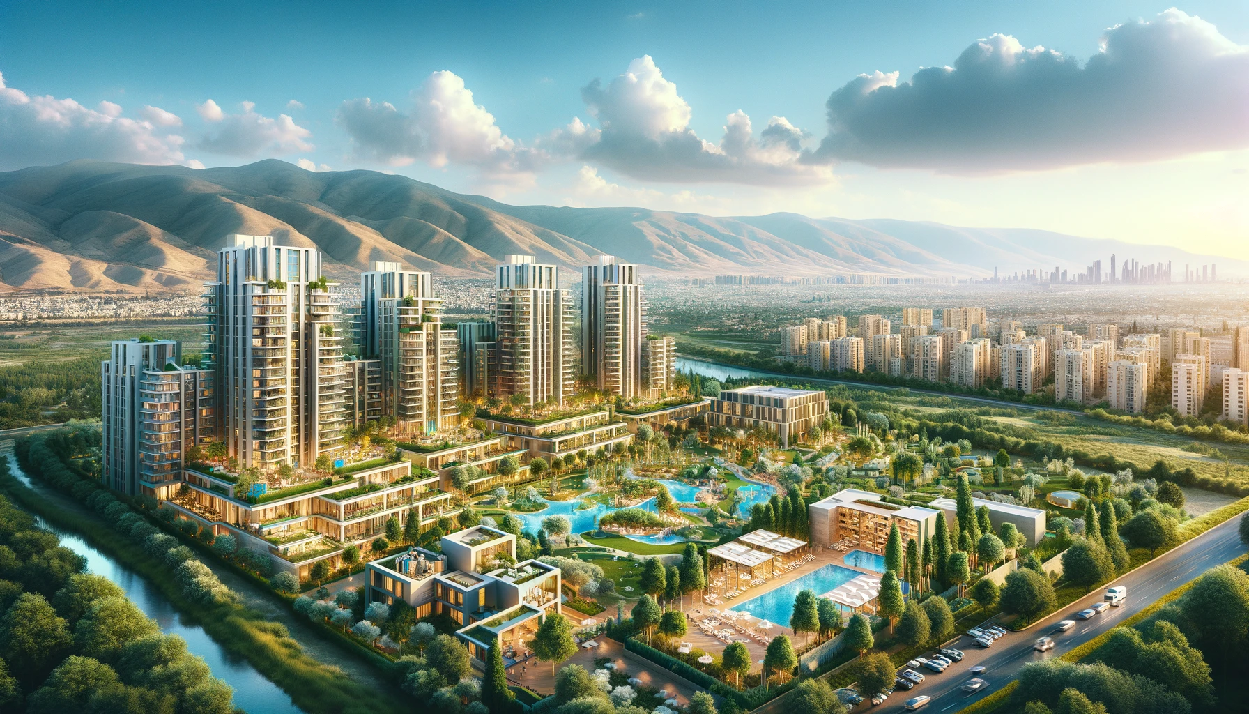 Luxurious living in Neve Shamir, Ramat Beit Shemesh Hei, featuring modern high-rise apartment buildings, lush green areas, parks, community amenities like swimming pools and gyms, and the Judean Mountains in the background.