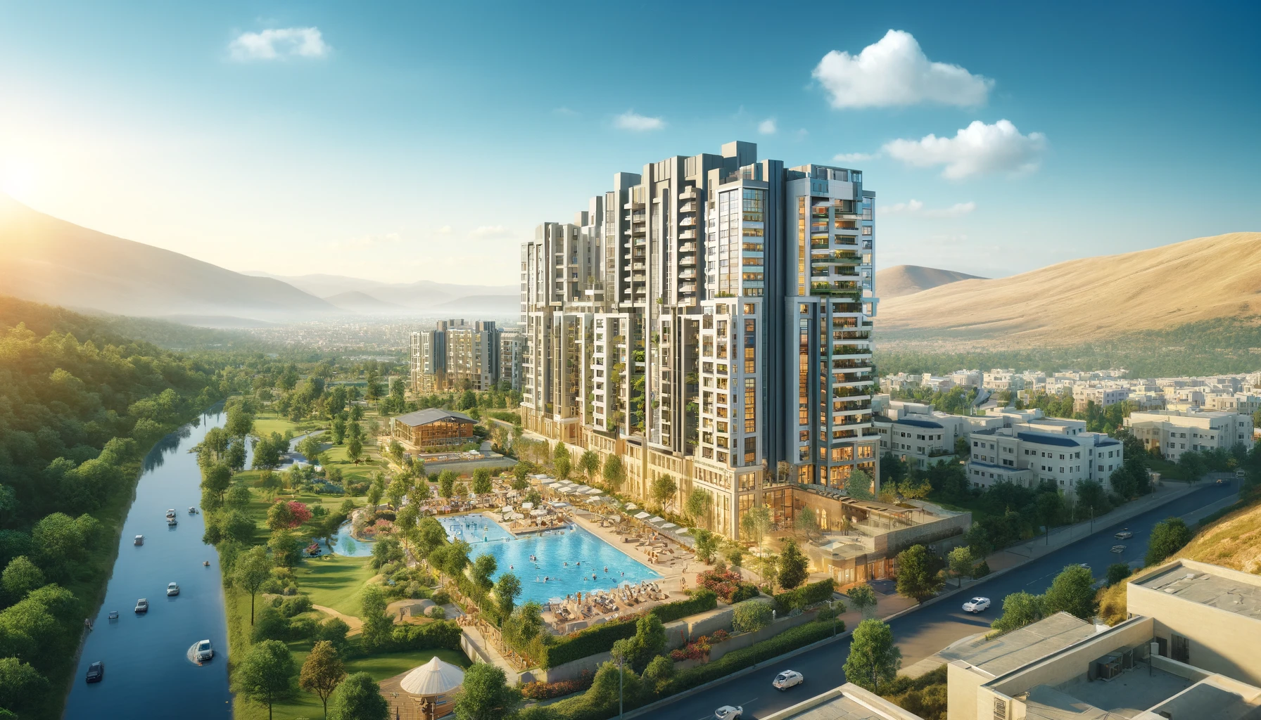 Modern high-rise apartment building in Neve Shamir, Ramat Beit Shemesh Hei, with lush green areas, parks, and scenic views of the Judean Mountains in the background. Luxurious amenities such as a swimming pool and gym are visible, with people enjoying the facilities.