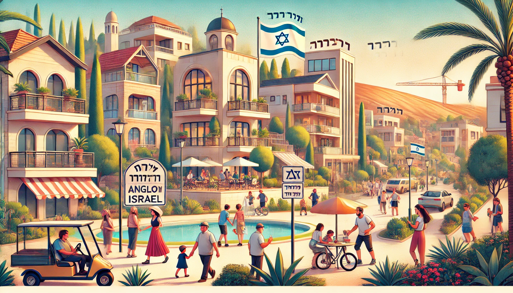 Welcoming neighborhood in Israel with a mix of modern and traditional architecture, showcasing community members engaging in friendly activities, with signs in both Hebrew and English.