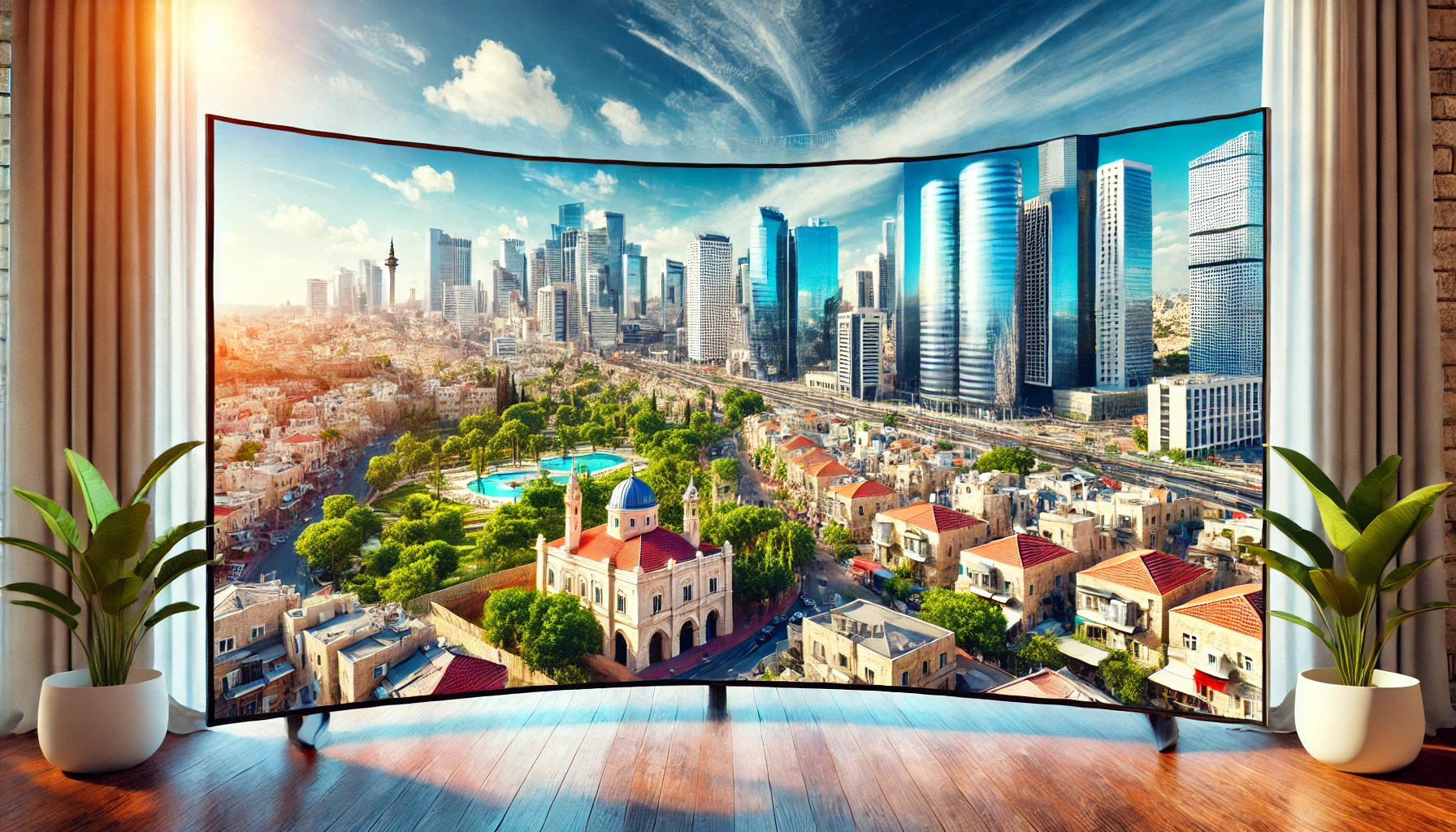 The Ultimate Guide to Buying Real Estate in Israel for Anglo Speakers - A panoramic view of Israel's real estate market, featuring a blend of historical Jerusalem architecture and contemporary high-rise buildings in Tel Aviv, with a vibrant and welcoming community.