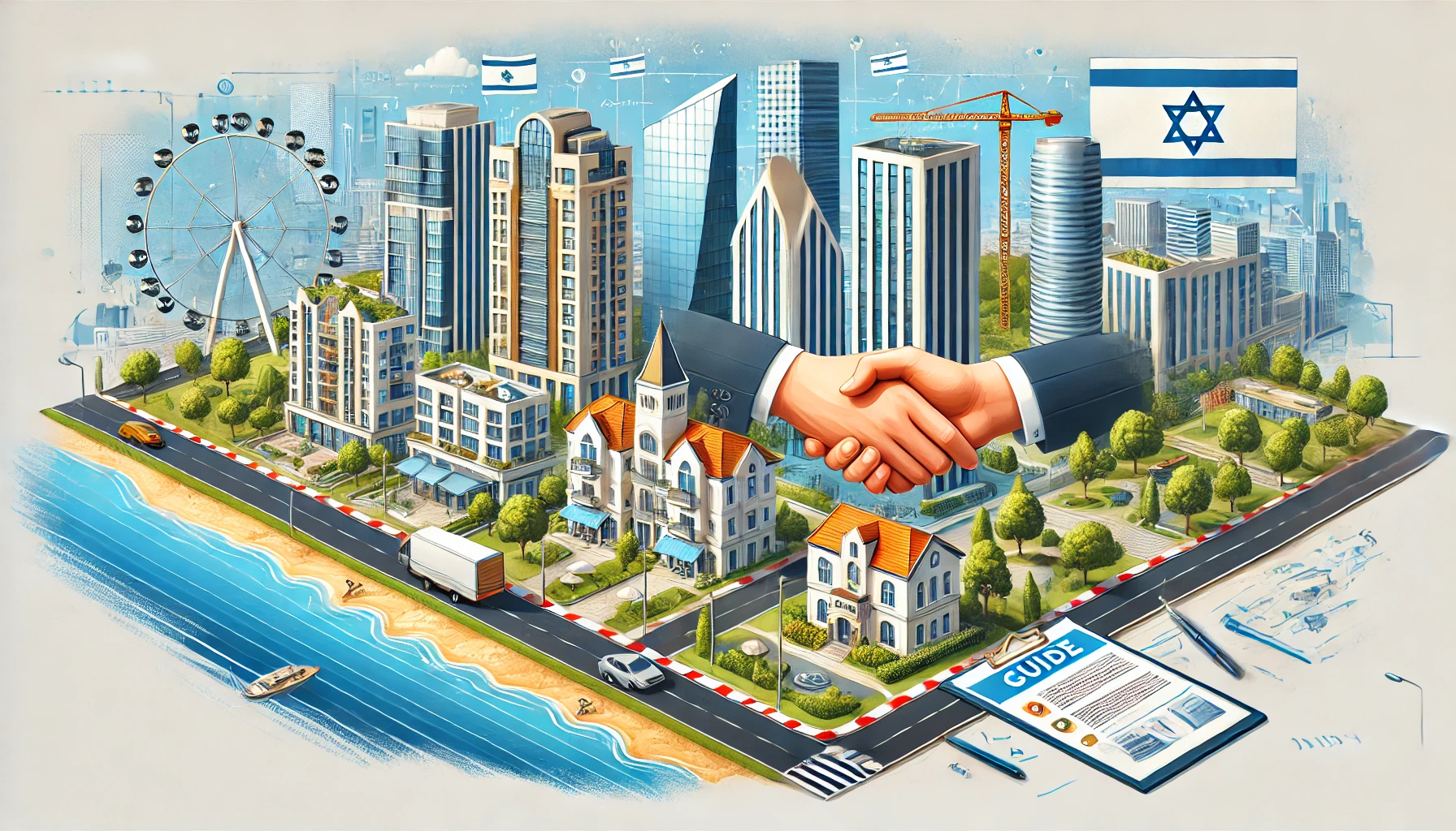 Feature image for a blog post about a guide for foreigners to buy real estate in Israel, showing a welcoming and professional scene with modern Israeli architecture, a city skyline, residential buildings, and elements suggesting guidance and support.