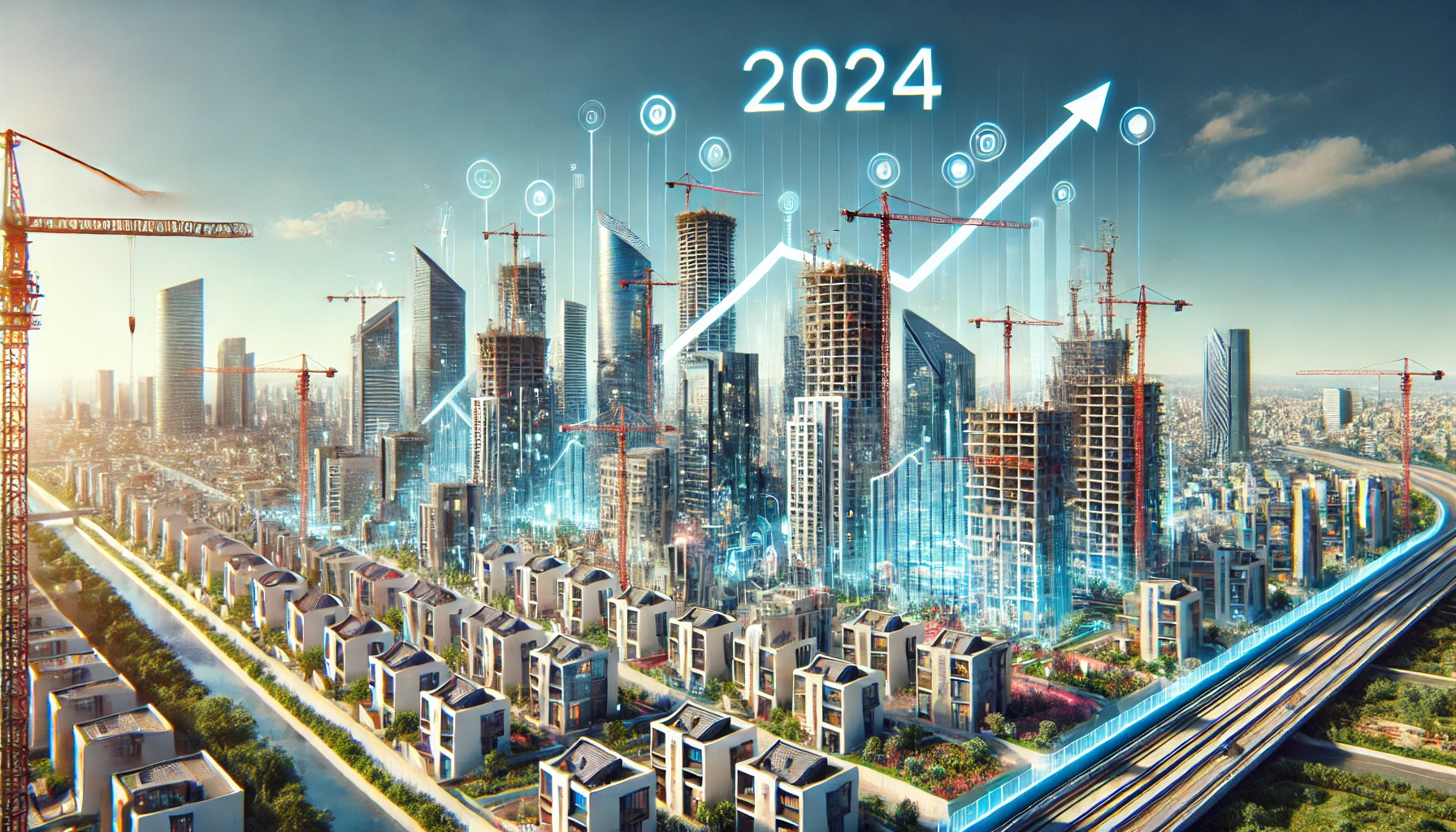 Illustration of the Israeli real estate market trends in 2024, featuring modern skyscrapers, residential buildings, and construction cranes against a clear blue sky with greenery in the foreground. The image includes upward trending graphs and arrows, symbolizing growth and progress in the real estate sector. The title 'Trends in the Israeli Real Estate Market 2024' is prominently displayed in a professional and modern font.