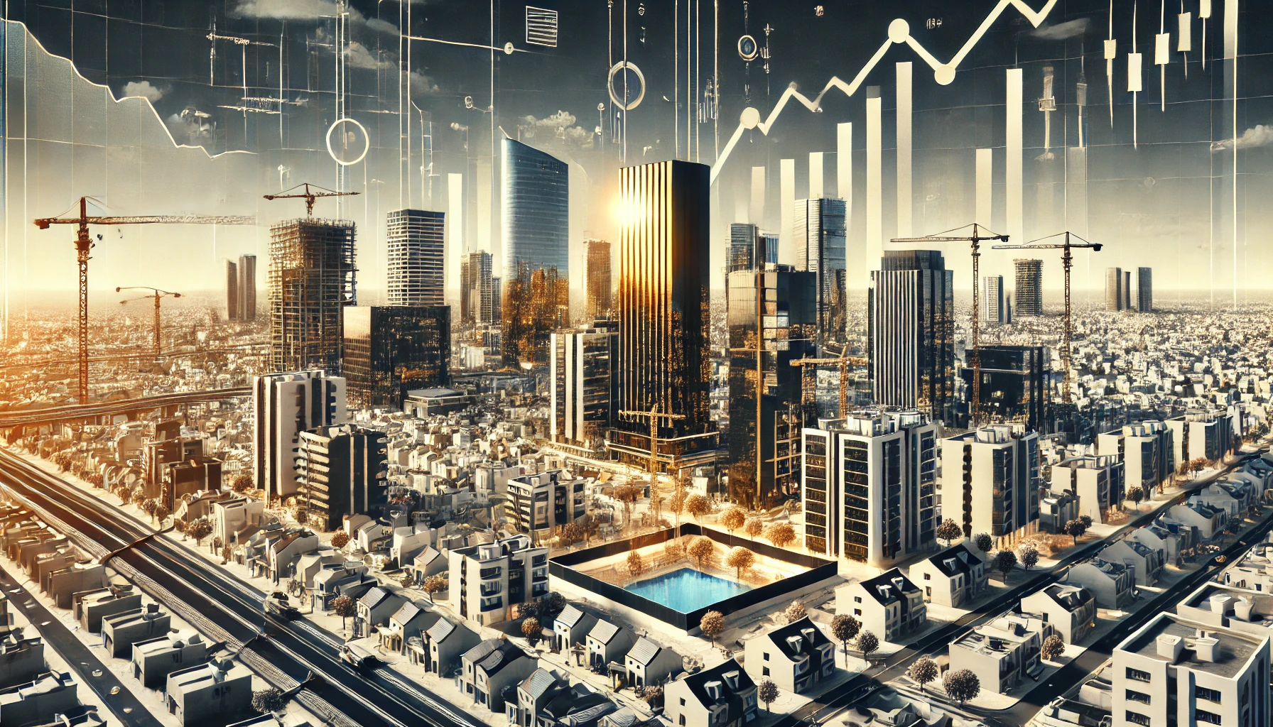 A black, white, and gold image depicting the real estate market in Israel. The image contrasts high-rise buildings in cities like Tel Aviv and Jerusalem with more affordable suburban homes on the outskirts. Visual elements include cranes and construction sites reflecting ongoing development, and a rising graph symbolizing increasing property prices. The background showcases a mix of modern buildings and traditional architecture, highlighting the diversity in Israeli real estate.