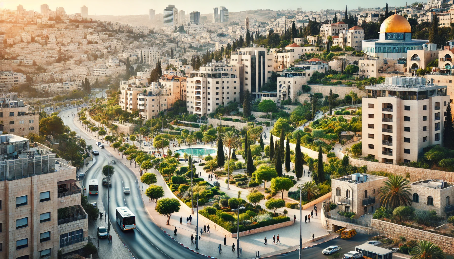 A view of Jerusalem focusing on modern residential buildings, lush greenery, and urban life, with people walking and street scenes, excluding any religious structures or landmarks.