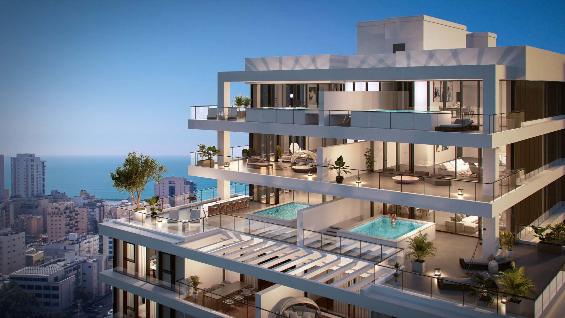 A modern luxury apartment building with spacious terraces overlooking the city and the Mediterranean Sea in Netanya, Israel. The terraces feature outdoor seating areas, lush plants, and private pools, offering panoramic views of the coastal skyline.