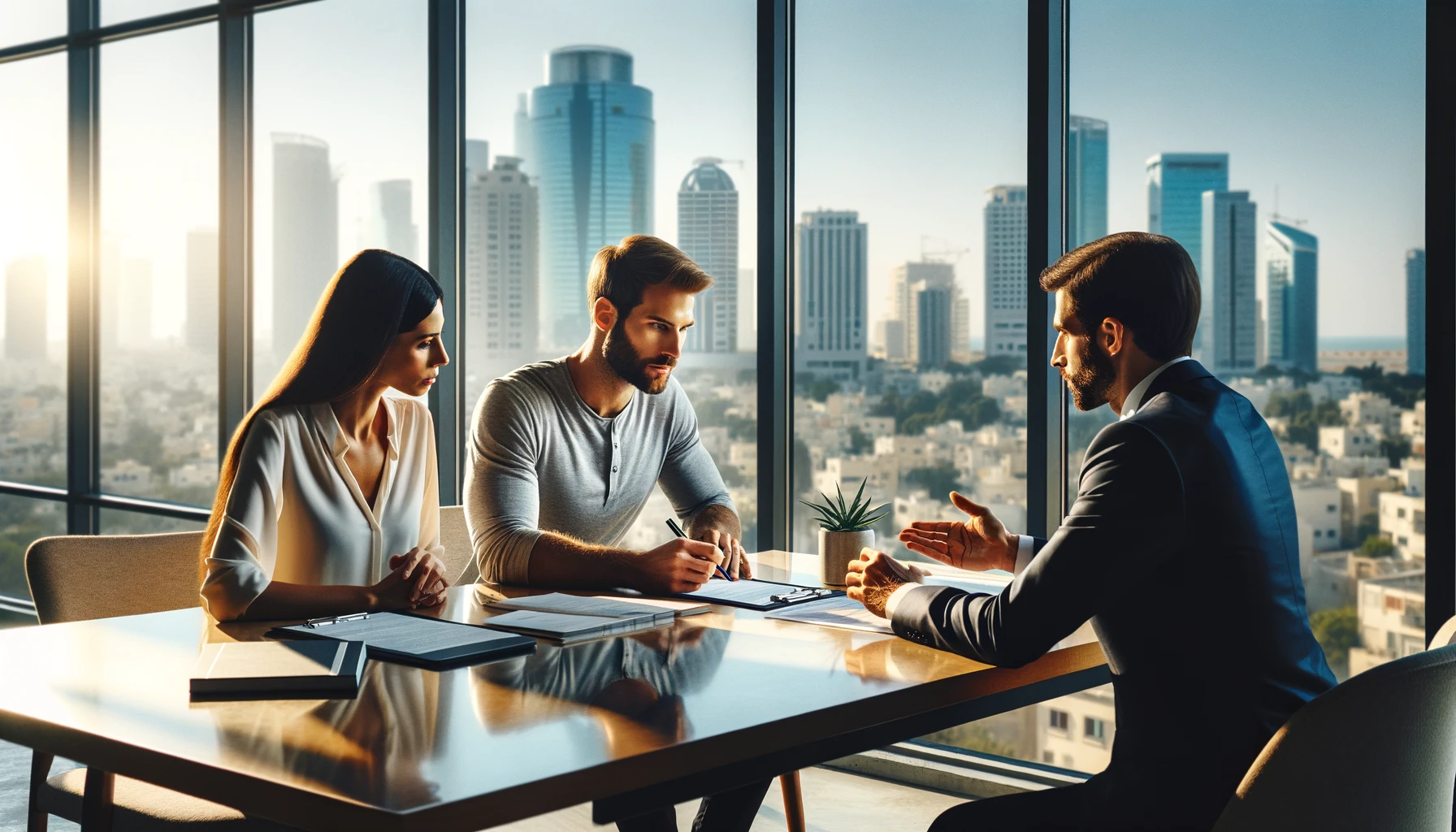 image of the confident couple signing mortgage documents in a modern office with the Tel Aviv skyline in the background.