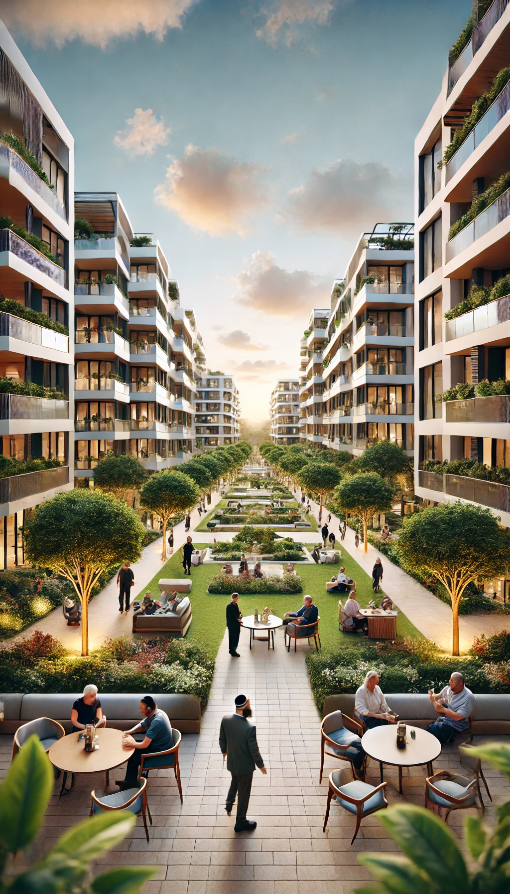 visual of the modern residential complex in Beit Shemesh with the mix of residents in the communal area. Let me know if you'd like any adjustments.