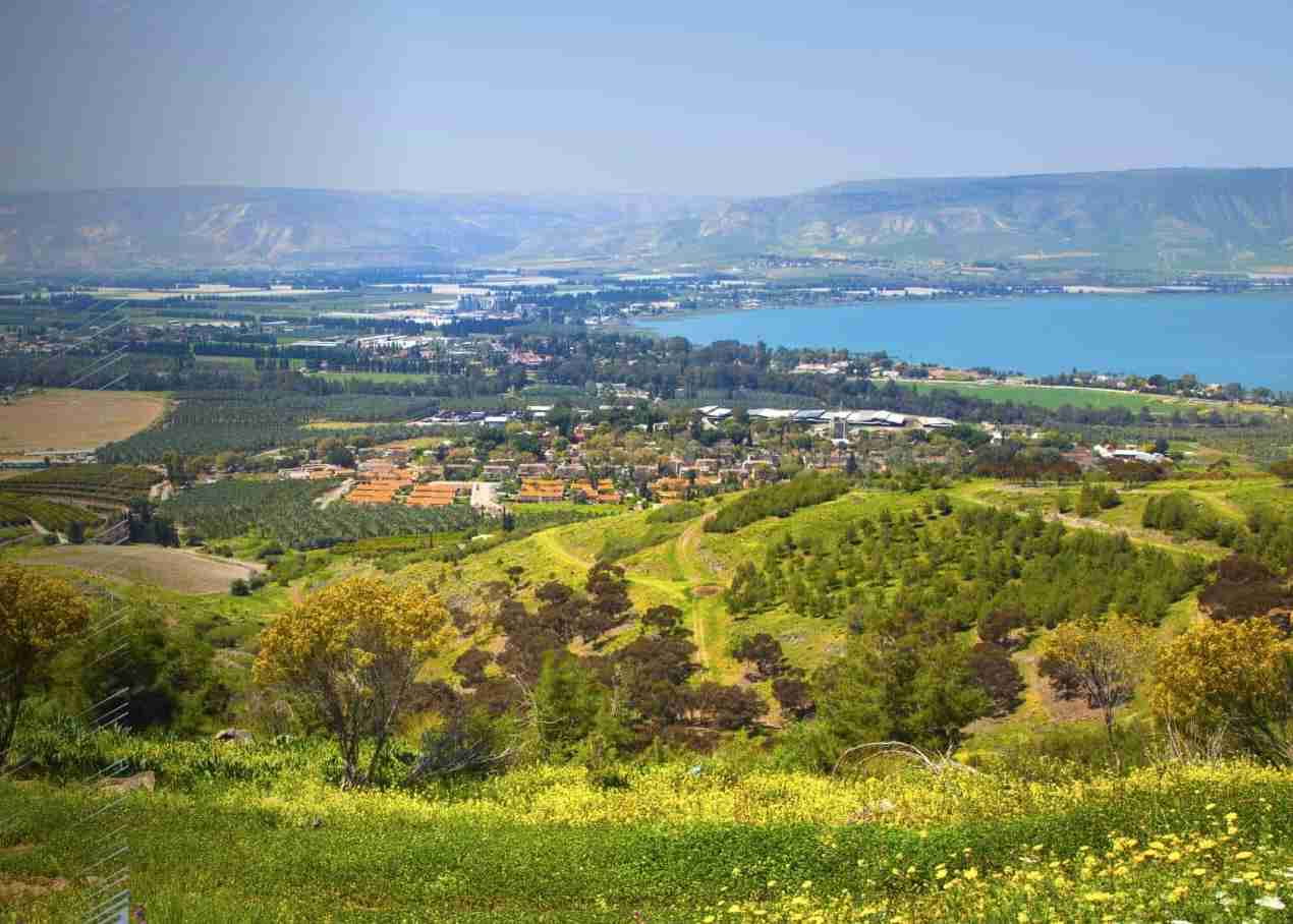 Scenic view of HaMoshava neighborhood in Tiberias with lush greenery and Sea of Galilee