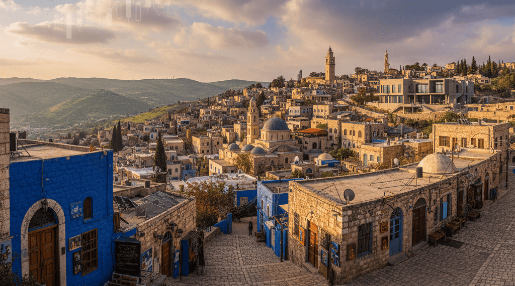 The image depicts a picturesque town with a mix of modern and traditional architecture. The foreground features a cobblestone street lined with buildings painted in various colors, including blue a...