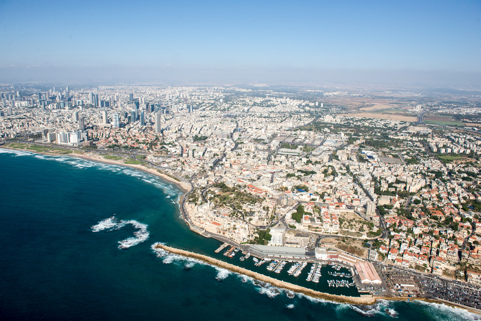 Aerial view of coastline and Old Jaffa Port, Israel