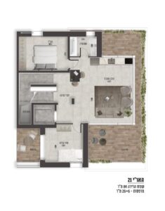 A larger apartment floor plan with two bedrooms, an open living area, a spacious balcony, and modern layout details from the 21 Ha'Ari Street project in Rehavia, Jerusalem.