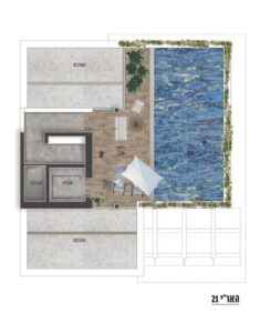 A unique architectural floor plan showcasing an apartment with a private swimming pool, a deck, and green surroundings at the 21 Ha'Ari Street project, Rehavia, Jerusalem.