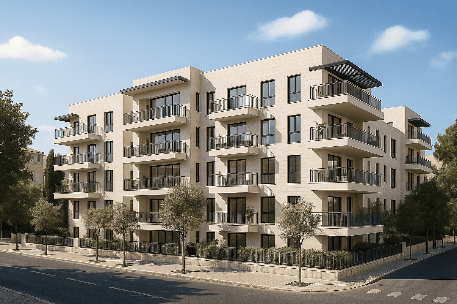 Modern apartment building with balconies and trees.
