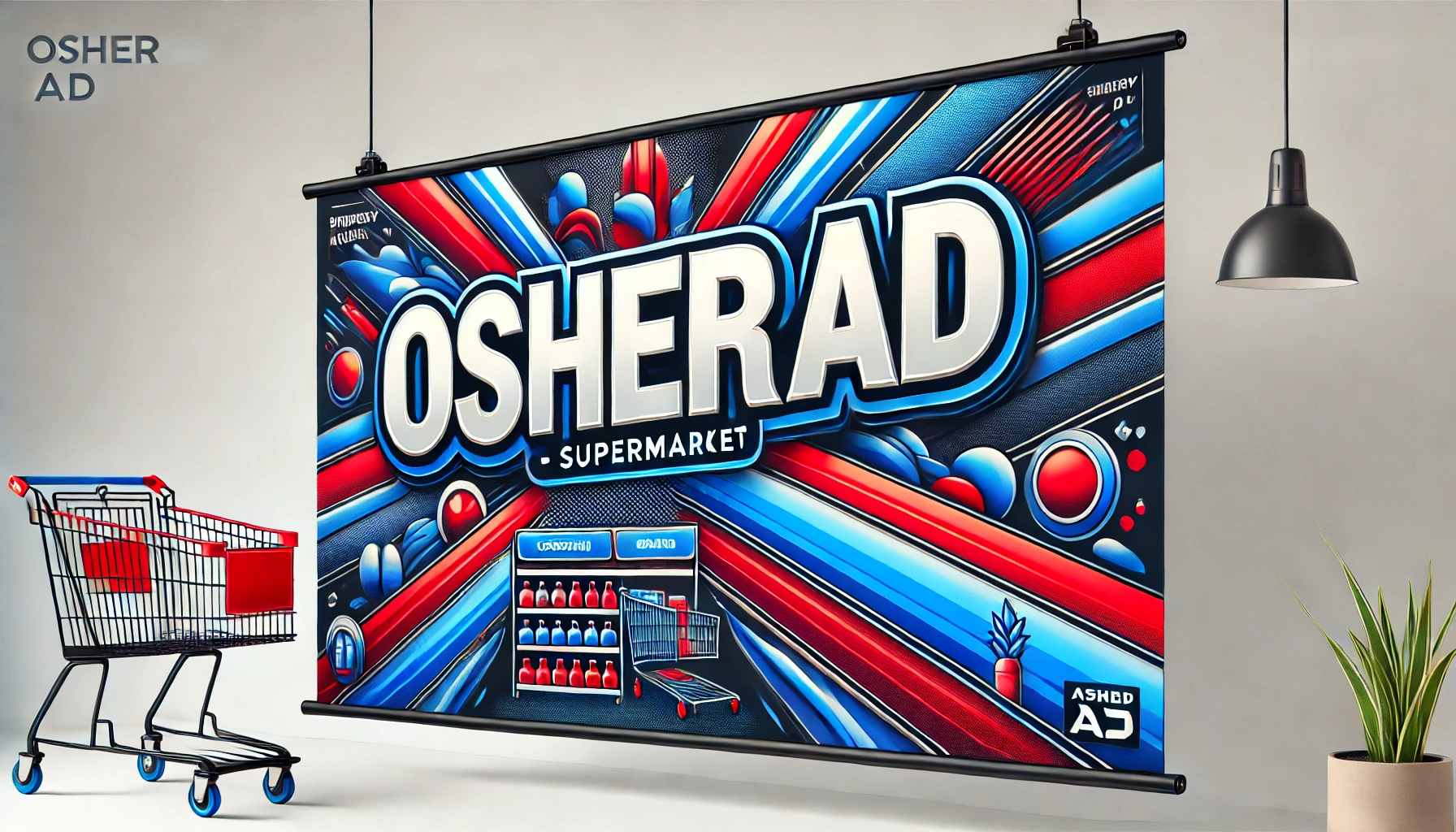 A wide promotional banner for a supermarket named "Osher Ad." The design features bold, modern lettering displaying "Osher Ad" in a combination of vibrant blue and red colors. The background includes subtle abstract elements related to supermarkets, such as outlines of shopping carts, grocery shelves, and products, creating a clean and inviting visual style. The overall design is dynamic, professional, and emphasizes the supermarket theme effectively.