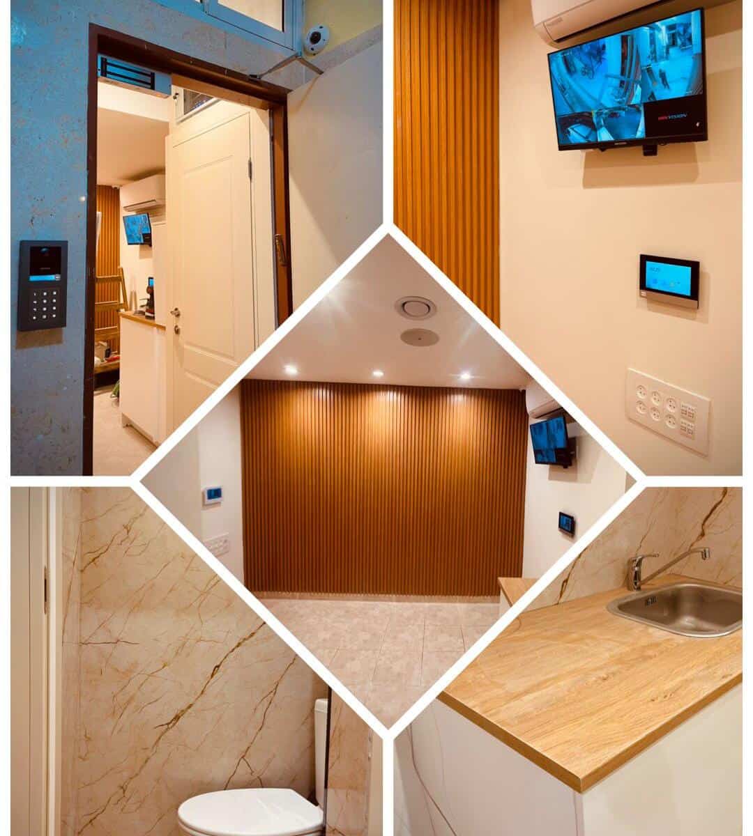 The image is a collage of four photographs showcasing various interior design elements of a modern bathroom. The top left photo shows a door leading to another room, with a wall-mounted control pan...
