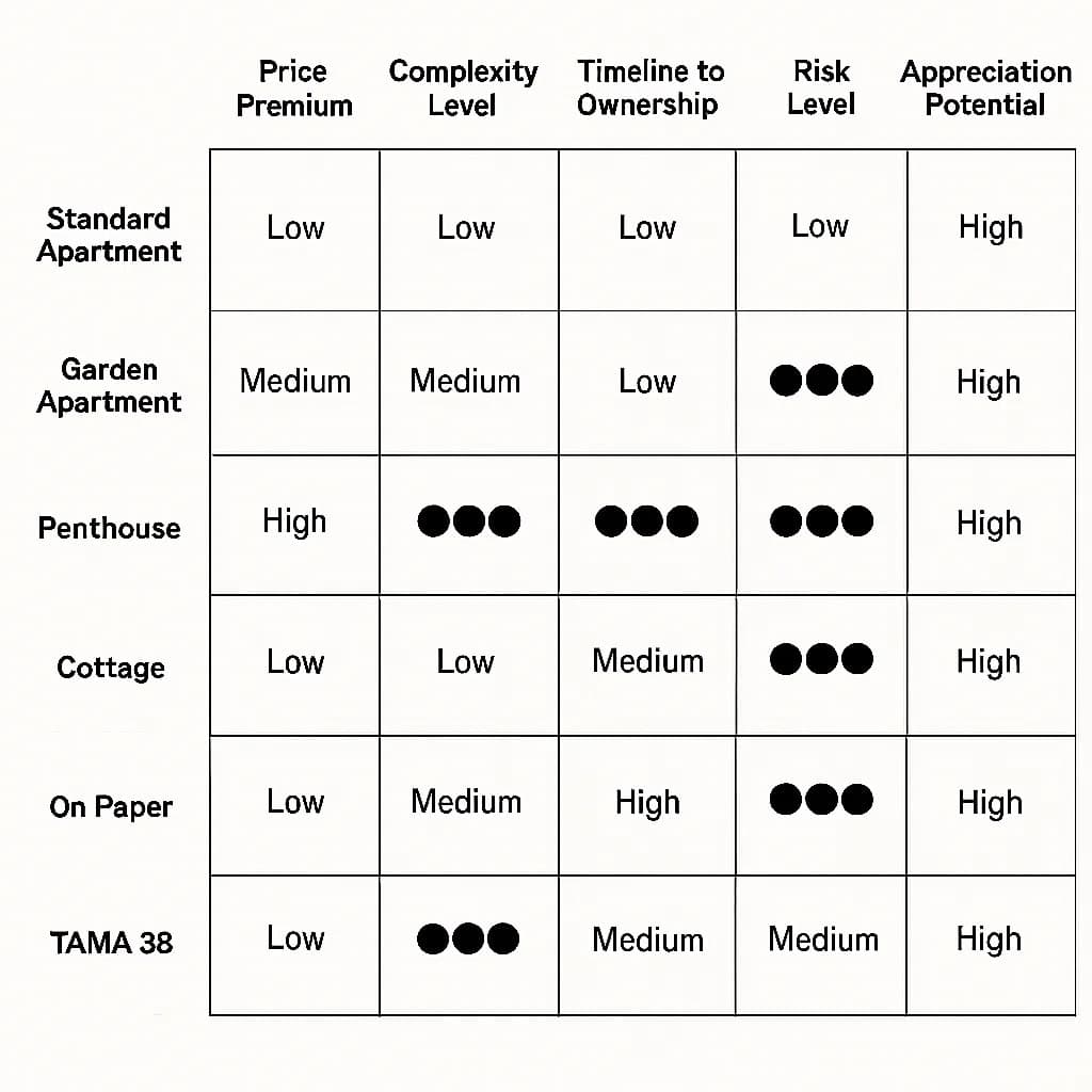 The image is a table comparing different types of real estate properties: Standard Apartment, Garden Apartment, Penthouse, Cottage, On Paper, and TAMA 38. Each property type is evaluated based on f...