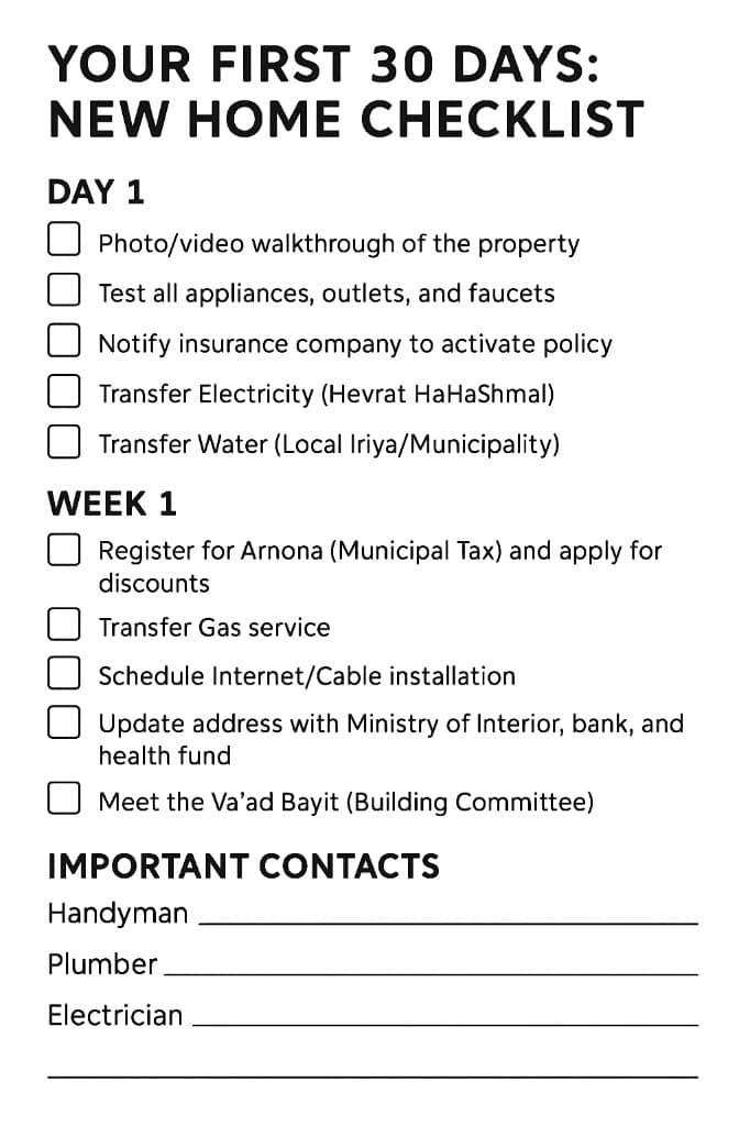 The image is a checklist titled "YOUR FIRST 30 DAYS: NEW HOME CHECKLIST." It is divided into sections for different days and weeks, with tasks listed under each section. The sections include: - **D...