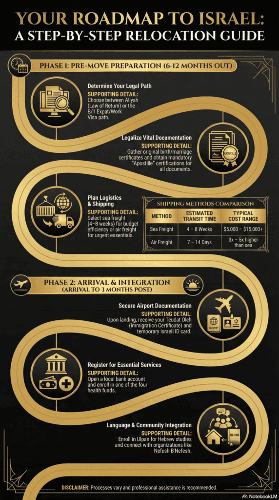 Vertical black-and-gold infographic titled “Your Roadmap to Israel” illustrating phases of relocation, with icons for documents, shipping, airport arrival, banking, healthcare, and language integration