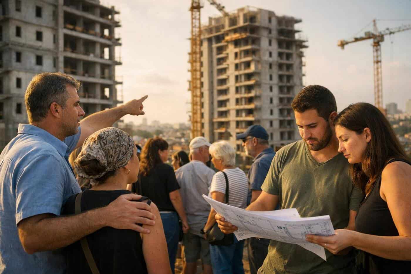 Group of investors reviewing blueprints for a collective buying real estate project in Israel