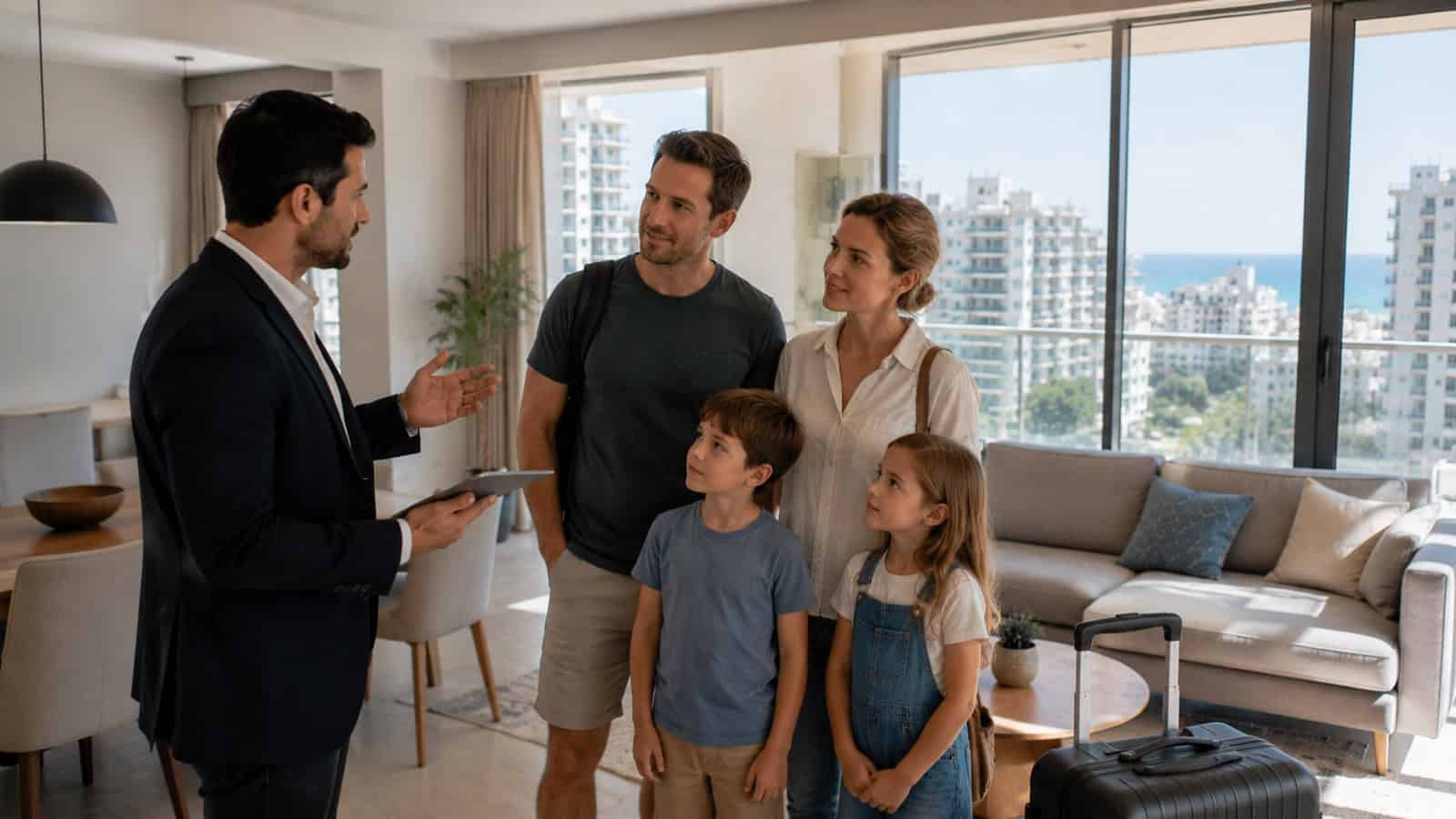 Illustrative family viewing a furnished apartment with luggage.