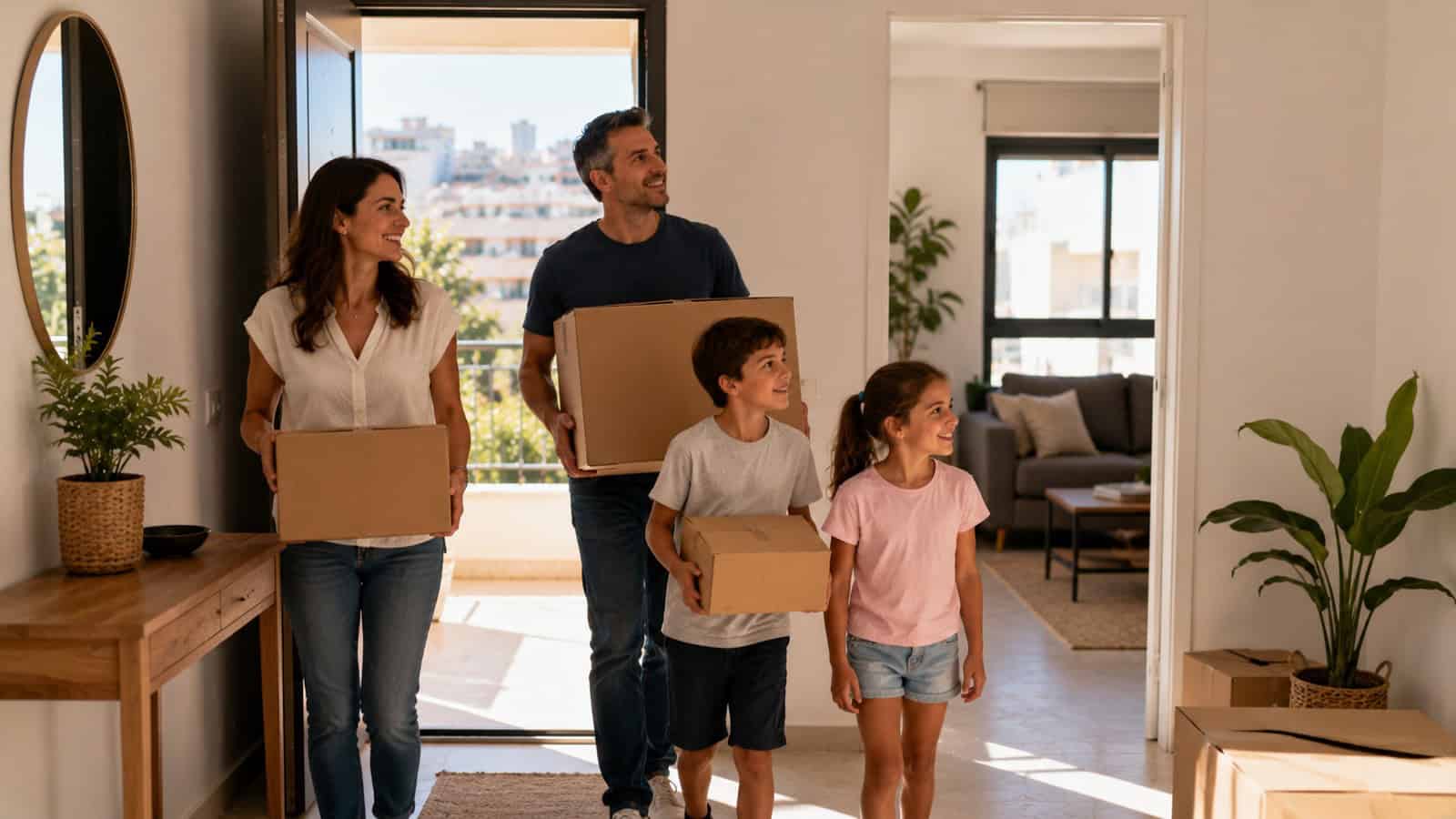 Illustrative family carrying moving boxes into an apartment.