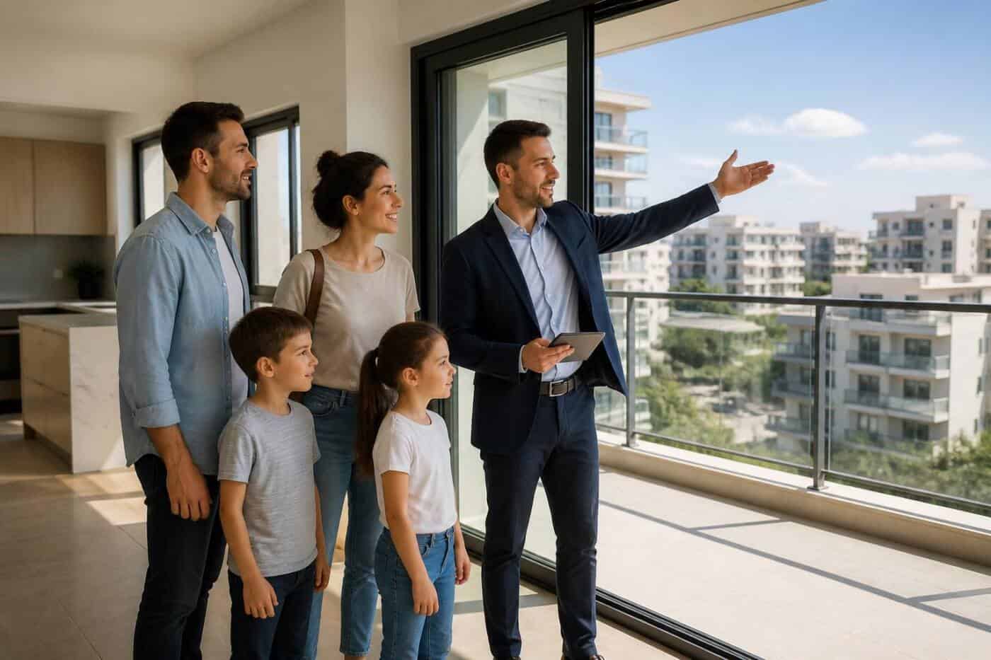 A family viewing a bright apartment and balcony with a property adviser.