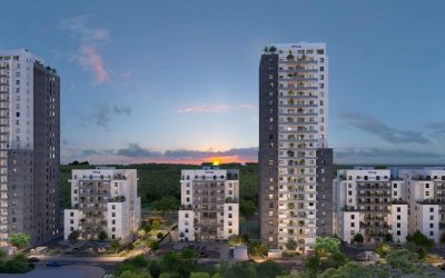 Modern apartments in a serene setting at sunset.