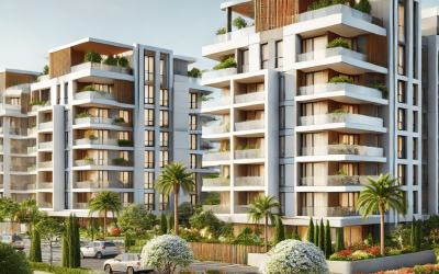 The image depicts a modern residential complex featuring several multi-story buildings with balconies adorned with greenery. The architecture combines sleek white facades with wooden accents, creat...