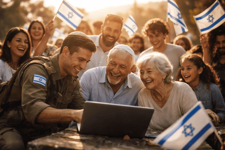 People gathered around a laptop, smiling and happy.