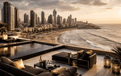 Cityscape by the ocean with modern buildings.