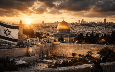 Israel flag overlooking Jerusalem cityscape with Dome of Rock.