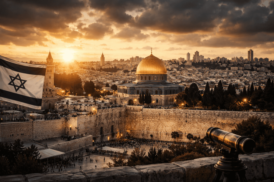 Israel flag overlooking Jerusalem cityscape with Dome of Rock.