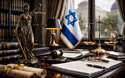 Justice statue with scales and law books nearby office.