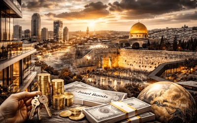 Black and white image of Israel bonds and city.