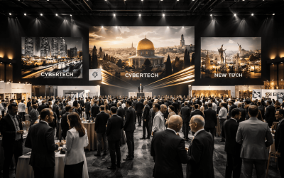 Business people gather at tech conference event space.