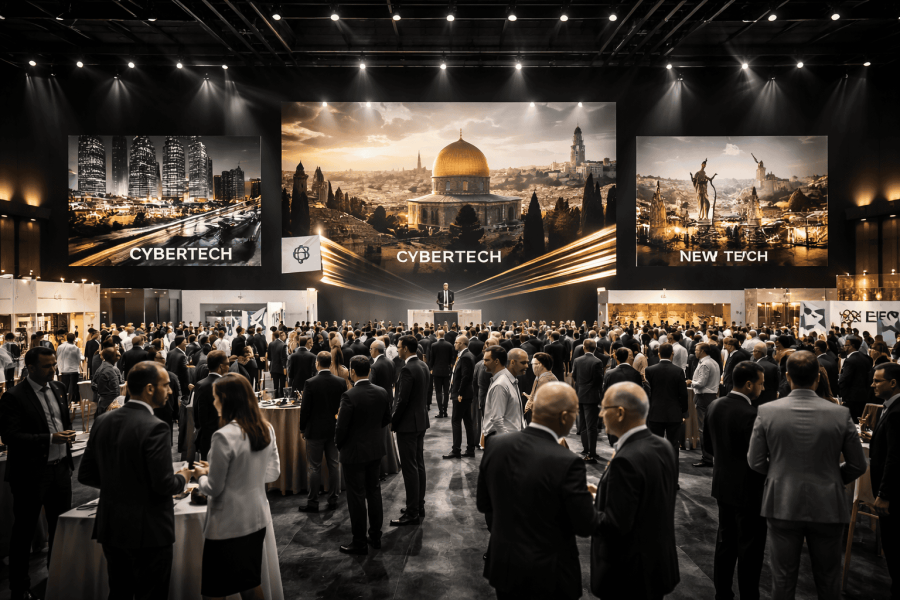 Business people gather at tech conference event space.