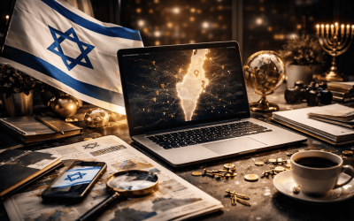 Dark workspace with laptop, books, and coffee cup.