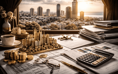 Cityscape model on a wooden desk with calculator nearby.