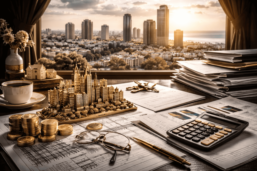 Cityscape model on a wooden desk with calculator nearby.