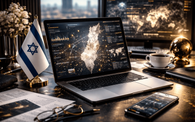 Israel flag on desk with laptop and globe nearby.