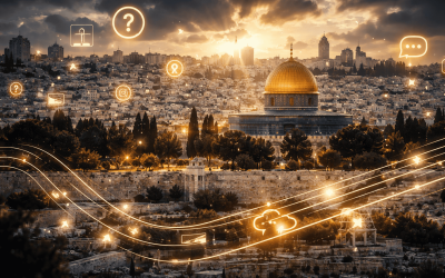 Gray cityscape with a mosque and train tracks.