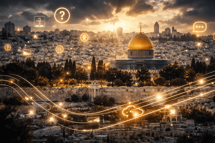 Gray cityscape with a mosque and train tracks.