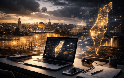 Cityscape with laptop and futuristic data display.